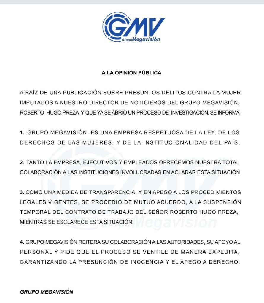 Tras acusación contra Hugo Preza Grupo Megavisión suspende "temporalmente" contrato con el periodista comunicado